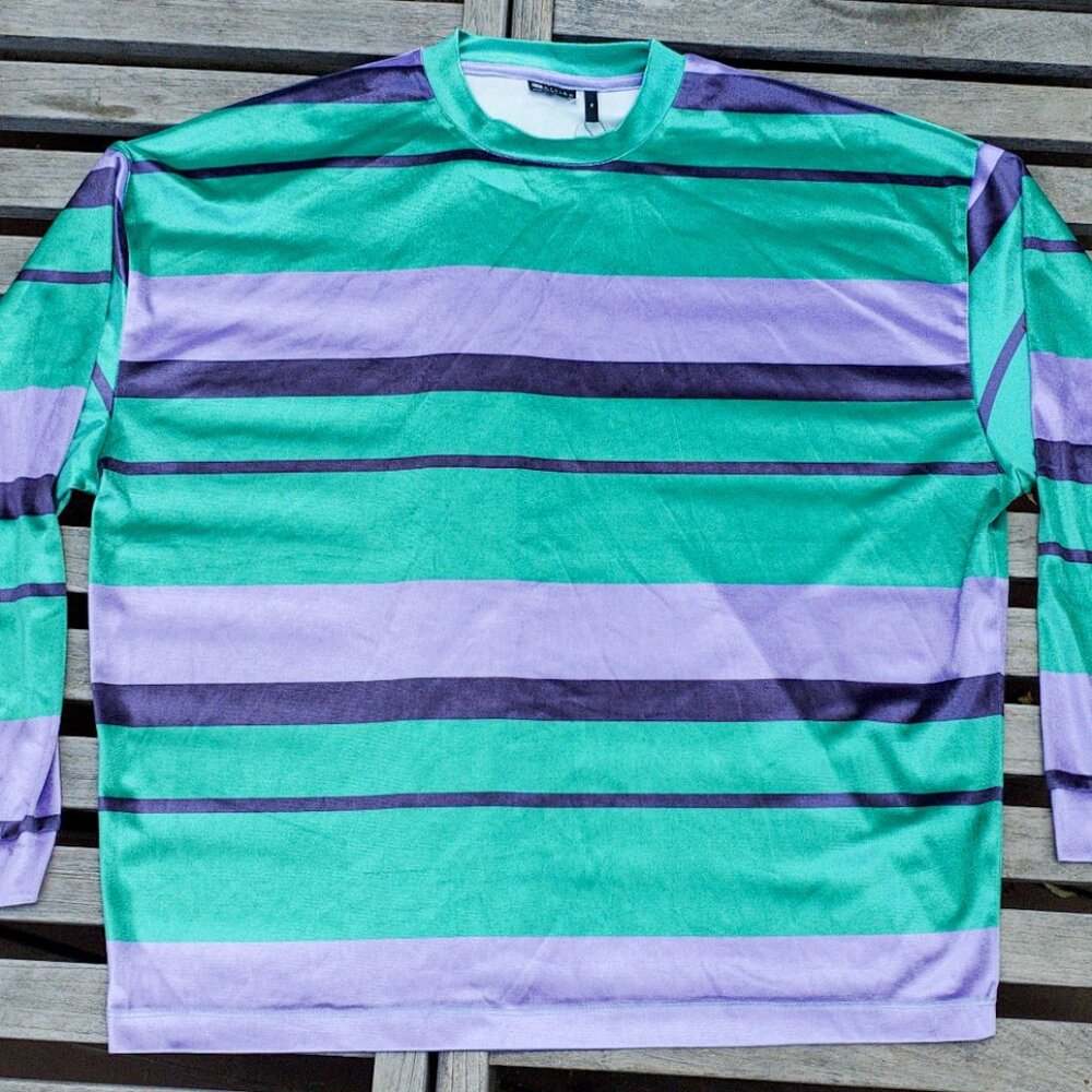 Asos shiny metallic velour velvet sweatshirt long sleeve color block stripe 80s